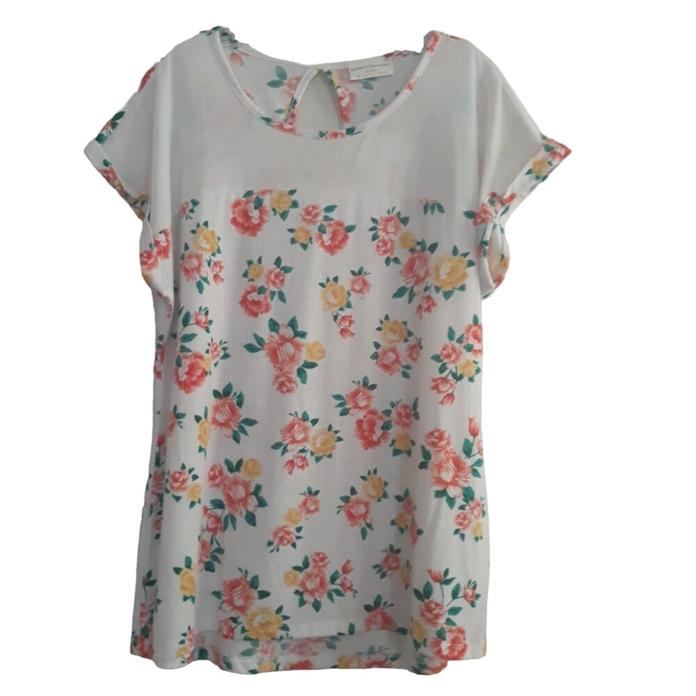 Bobbie Brooks Top Womens Large  Pink Peach Floral Mesh White Front Keyhole Back